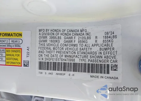 2025 Honda Civic Si Base W/High Performance Summer Tires/ z USA, uszkodzony, nr VIN 2HGFE1E57SH470998